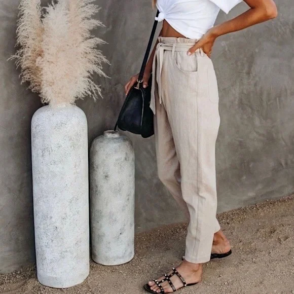 Vici Top Notch High-Rise Woven Paperbag Belted Trousers | S - Picture 3 of 9